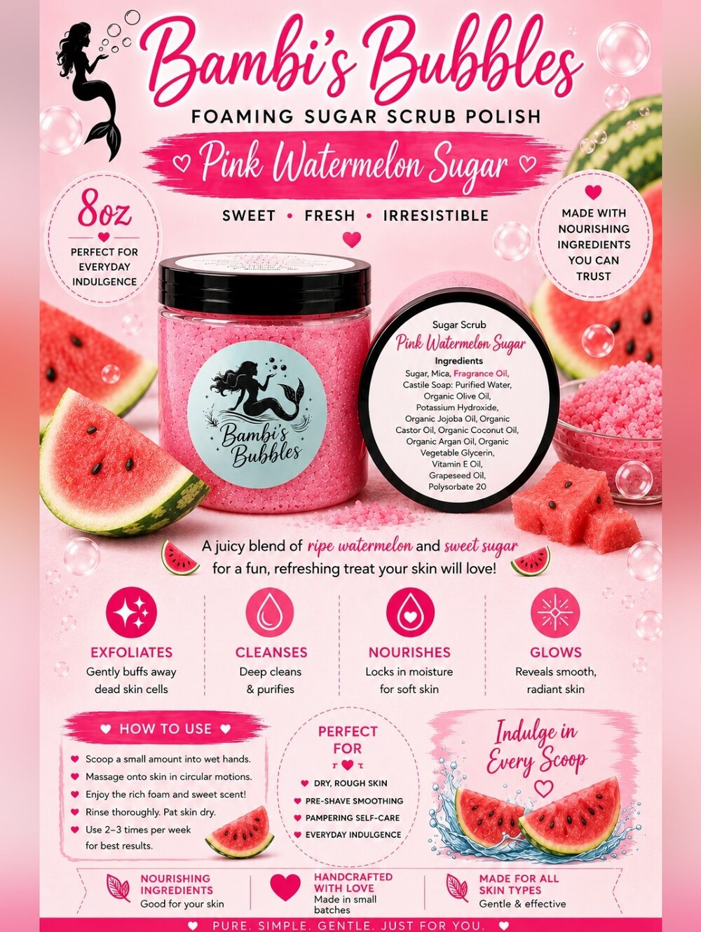 LAST ONE! Pink Watermelon Sugar 8oz Hand Crafted Foaming Sugar Polish Scrub